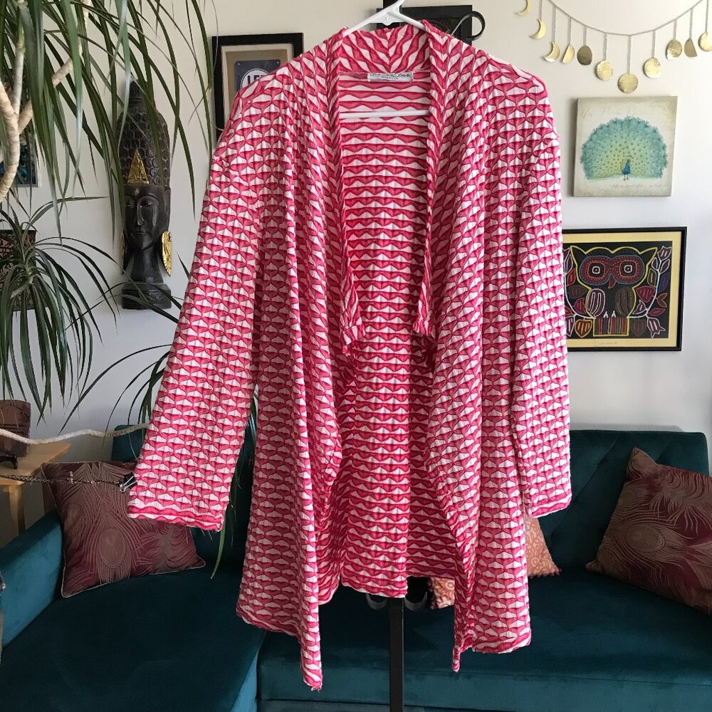 SOLE DIONE STUDIO size L Red & White Print Puckered Texture Draping Cardigan Top